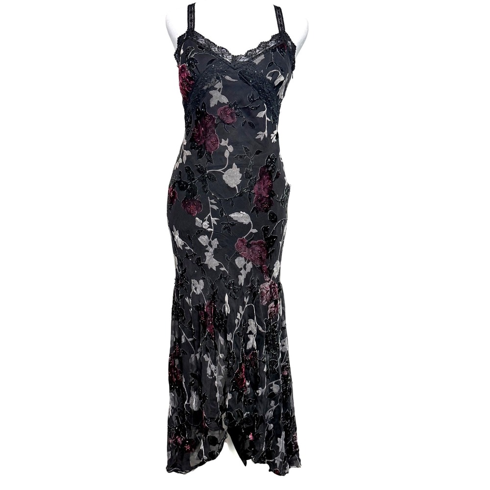 VTG Sue Wong Silk Burnout Velvet Floral Beaded Lace Maxi Dress Black Burgundy 6